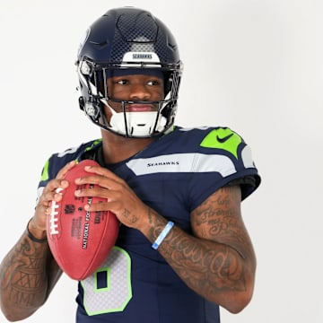 Jalen Milroe (6) in his Seahawks uniform.
