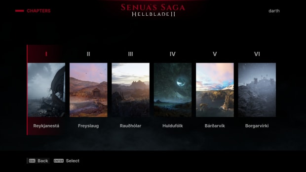 Screenshot from Hellblade 2 showing the chapter list.