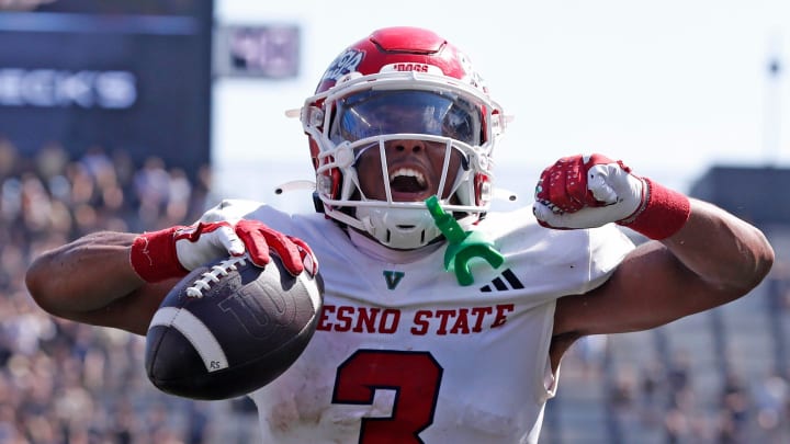 Fresno State Bulldogs wide receiver Erik Brooks (3) celebrates after scoring a touchdown during the NCAA football game against the Purdue Boilermakers, Saturday, Sept. 2, 2023, at Ross-Ade Stadium in West Lafayette, Ind. Fresno State Bulldogs won 39-35.