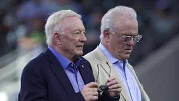 Aug 26, 2022; Arlington, Texas, USA; Dallas Cowboys owner Jerry Jones and son Stephen Jones walk on