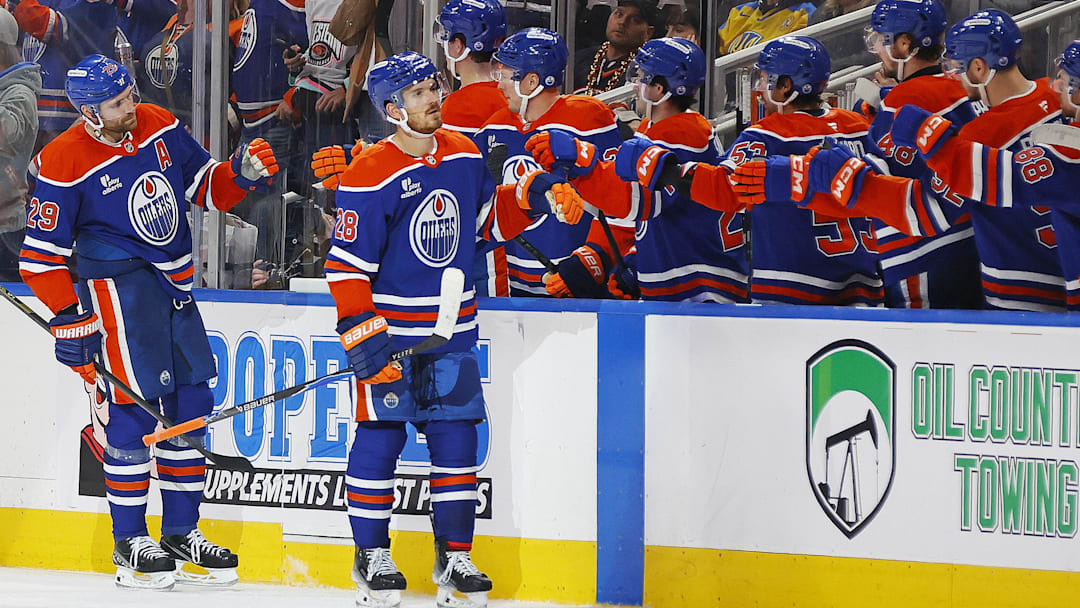 Nov 1, 2025; Edmonton, Alberta, CAN; The Edmonton Oilers celebrate a goal scored by forward Jack Roslovic (28)) during the second period against the Chicago Blackhawks at Rogers Place. Mandatory Credit: Perry Nelson-Imagn Images