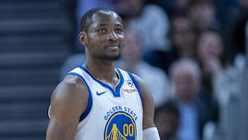 Jan 30, 2024; San Francisco, California, USA;  Golden State Warriors forward Jonathan Kuminga (00) reacts after the foul call during the fourth quarter against the Philadelphia 76ers at Chase Center. Mandatory Credit: Neville E. Guard-Imagn Images