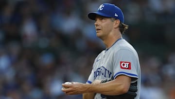 Jul 22, 2025; Chicago, Illinois, USA; Kansas City Royals starting pitcher Rich Hill (35) reacts during the second inning of a baseball game against the Chicago Cubs at Wrigley Field. Mandatory Credit: Kamil Krzaczynski-Imagn Images