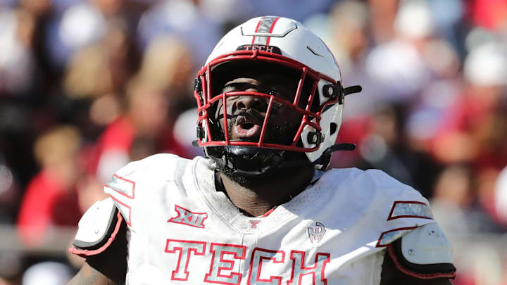 Nov 8, 2025; Lubbock, Texas, USA;  Texas Tech Red Raiders defensive lineman Lee Hunter (2) reacts in the second half of the game against the Brigham Young Cougars at Jones AT&T Stadium. Mandatory Credit: Michael C. Johnson-Imagn Images