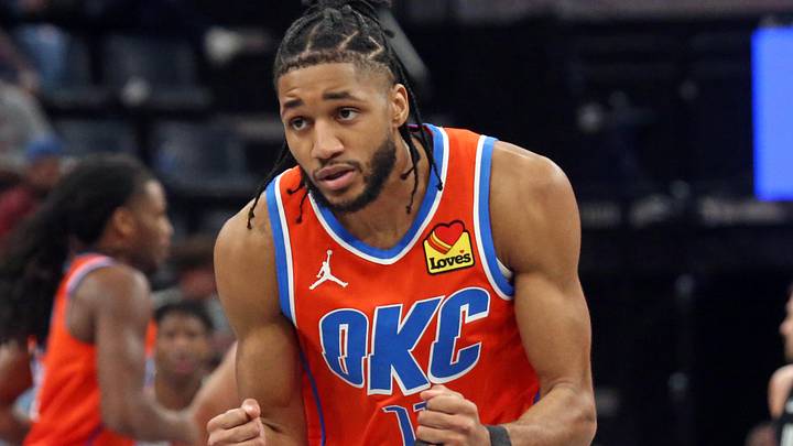 Mar 16, 2024; Memphis, Tennessee, USA; Oklahoma City Thunder guard Isaiah Joe (11) reacts during the second half against the Memphis Grizzlies at FedExForum. Mandatory Credit: Petre Thomas-Imagn Images