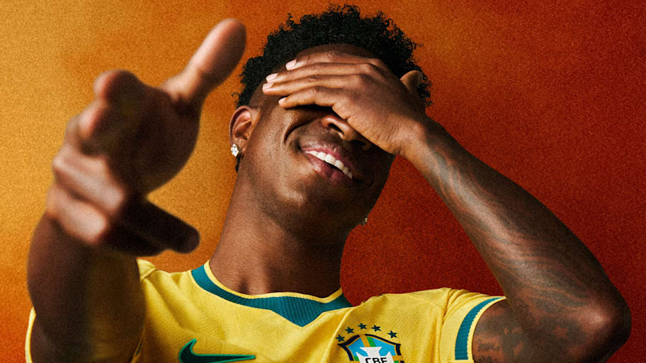 Vinicius Junior modeling Brazil’s 20265 World Cup home kit.