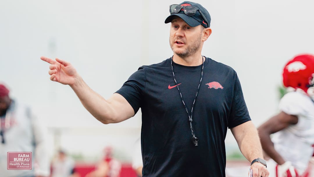 Arkansas Razorbacks coach Ryan Silverfield during spring practice drills in Fayetteville, Ark.