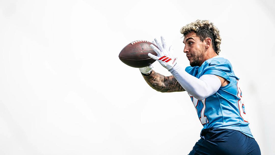 April 27, 2026; Nashville, Tennessee, USA; Wide receiver Xavier Restrepo [87] at Tennessee Titans OTAs