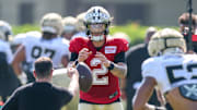 Jul 28, 2025; Metairie, LA, USA;  New Orleans Saints quarterback Spencer Rattler (2) at Ochsner Sports Performance Center. Mandatory Credit: Stephen Lew-Imagn Images