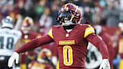 Washington Commanders cornerback Mike Sainristil reacts during game vs Philadelphia Eagles.