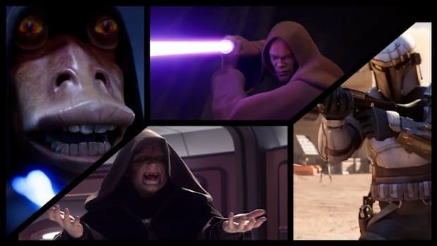 Image showing Jar Jar, Palpatine, Mace Windu, and a Mandalorian