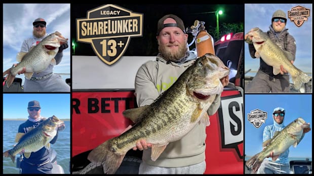 A photo montage featuring Brady Stanford’s 13.13-pound ShareLunker Legacy Class bass as the centerpiece, surrounded by smalle