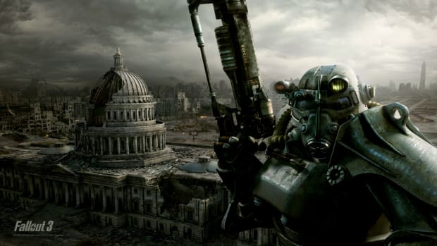 A Fallout survivor hoisting a large gun over their head, with the U.C. Capitol building behind them