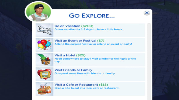 A Sims 4 menu showing places you can send your Sim to explore.
