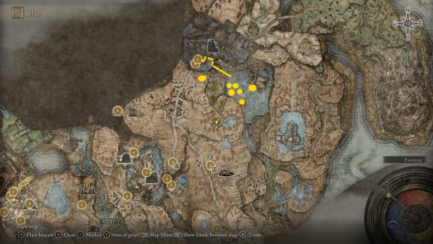 A map image showing Furnace Visage locations near Shadow Keep in Elden Ring