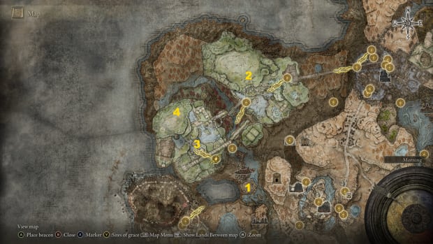 A map image showing where to find Revered Spirit Ash locations in Rauh Ruins