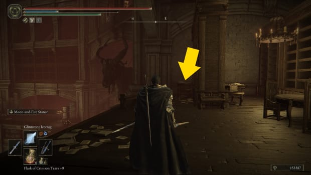 An arrow pointing where to find the Secret Rite Scroll in Elden Ring