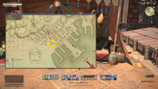 A map image showing where to find FFXIV Dawntrail's hunt vendor
