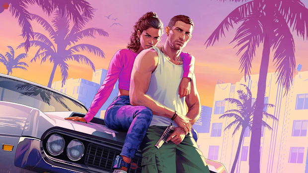 Lucia and Jason from GTA 6, sitting on the hood of a car with a stylized Vice City skyline behind them