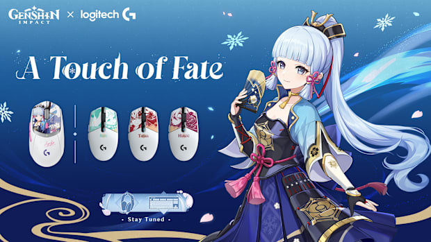 A promo shot showing Genshin Impact's Ayaka next to the Genshin Logitech mice