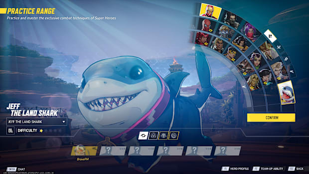 Jeff the Land Shark from the Marvel Rivals character selection screen
