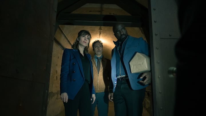 L-R Katja Herbers as Kristen Bouchard, Aasif Mandvi as Ben Shakir and Mike Colter as David Acosta appearing in Evil episode 5, season 4, streaming on Paramount+, 2023. Photo Credit: Elizabeth Fisher/Paramount+