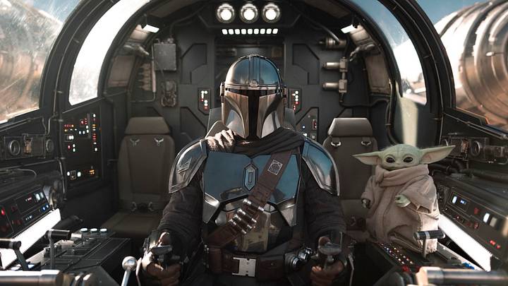 (L-R) Mandalorian (Pedro Pascal) and Grogu in Lucasfilm's THE MANDALORIAN AND GROGU. Photo by Nicola Goode. © 2025 Lucasfilm Ltd™. All Rights Reserved.
