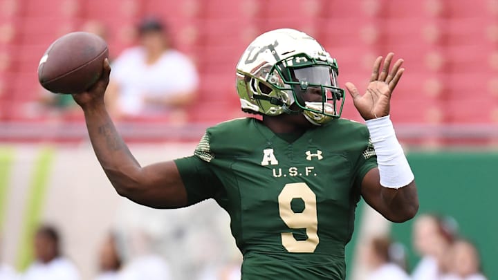 Oct 28, 2017; Tampa, FL, USA; South Florida Bulls quarterback Quinton Flowers (9) before the game against the Houston Cougars at Raymond James Stadium. Mandatory Credit: Jonathan Dyer-Imagn Images