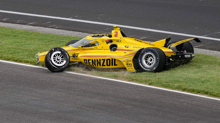 Scott McLaughlin's car sits wrecked after a pace-lap crash at the Indy 500 Sunday. Scott McLaughlin's car sits wrecked after a pace-lap crash at the Indy 500 Sunday.