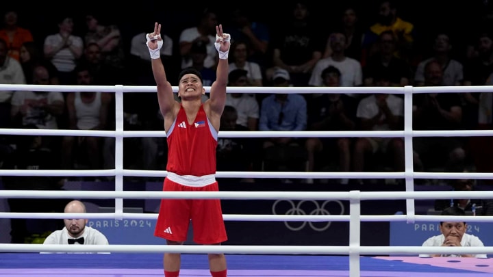 Nesthy Petecio celebrates her victory against China’s Xu Zichun during the quarterfinals of the 2024 Paris Olympics