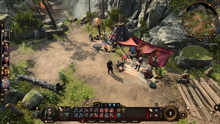 Baldur's Gate 3's camp with five characters in the party.
