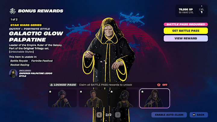 Emperor Palpatine in black robes that sparkle white with stars and yellow accents on the rims.
