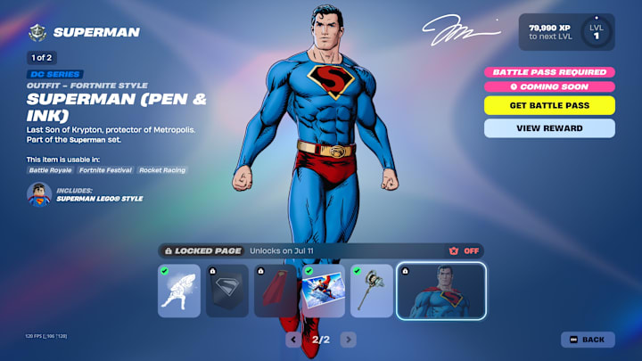 Superman in Fortnite, drawn in a style to look like the classic comic books.