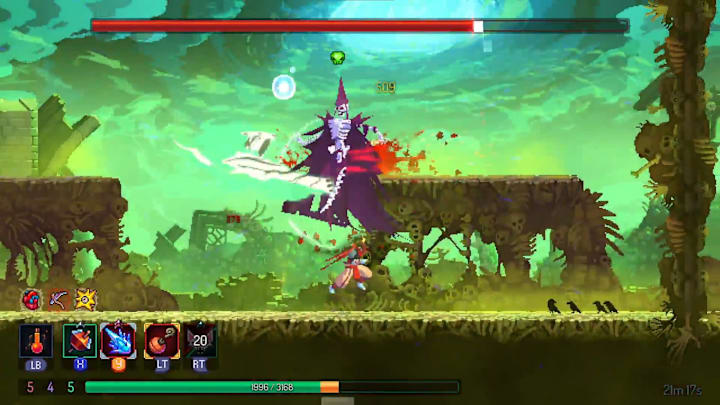 Fighting a skeletal boss in a poisoned land.