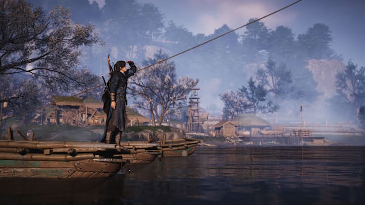 A woman stands on the edge of a boat atop a river with lush trees in the background in Where Winds Meet