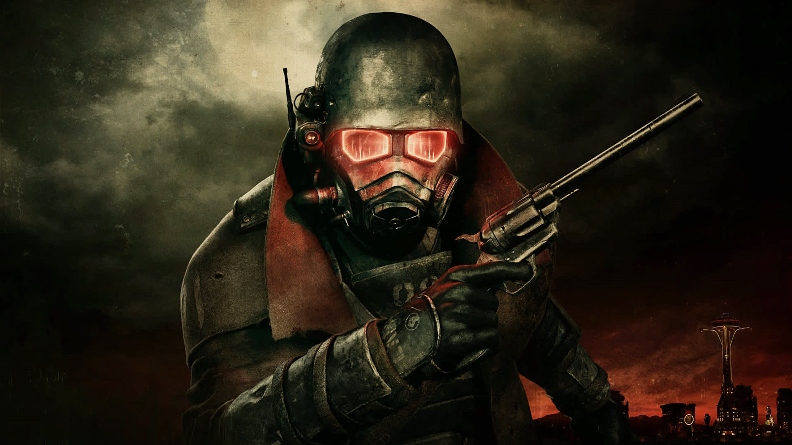 A Fallout New Vegas survivor holding a handgun across their chest