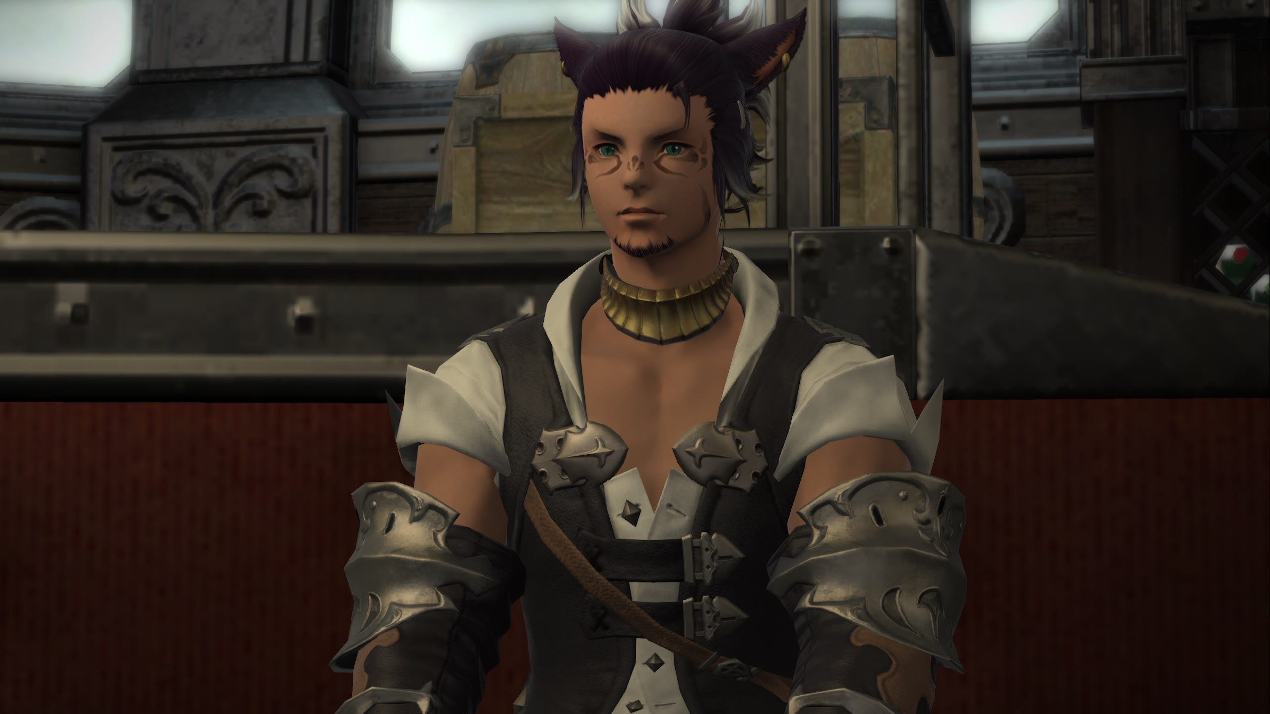 A Final Fantasy 14 Miqo'te sitting on a red velvet seat in a carriage