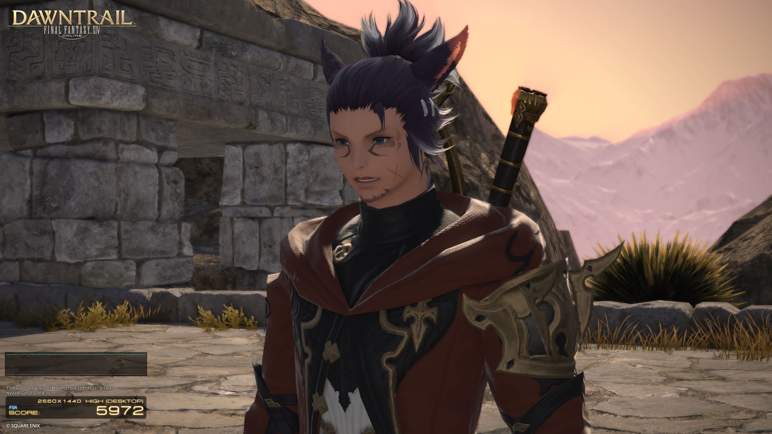 A Final Fantasy 14 Miqo'te standing under dusky skies on a large stone platform