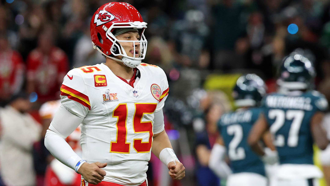 Kansas City Chiefs quarterback Patrick Mahomes (15) reacts after a play against the Philadelphia Eagles during the first half of Super Bowl LIX at Caesars Superdome.
