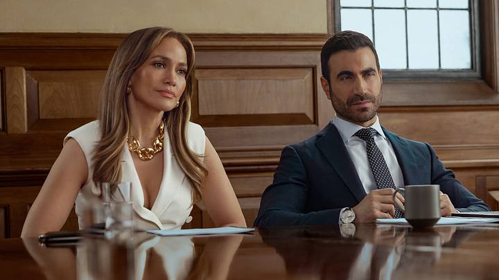 Office Romance. (L-R) Jennifer Lopez as Jackie Cruz and Brett Goldstein as Daniel Blanchflower in Office Romance