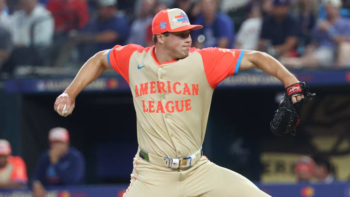 Jul 16, 2024; Arlington, Texas, USA; American League pitcher Mason Miller of the Oakland Athletics (19) pitches in the fifth inning during the 2024 MLB All-Star game at Globe Life Field. Mandatory Credit: Kevin Jairaj-USA TODAY Sports