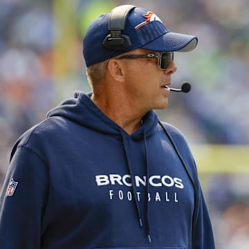 Sep 8, 2024; Seattle, Washington, USA; Denver Broncos head coach Sean Payton stands on the sideline during the first quarter against the Seattle Seahawks at Lumen Field. 