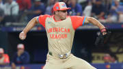 Jul 16, 2024; Arlington, Texas, USA; American League pitcher Mason Miller of the Oakland Athletics (19) pitches in the fifth inning during the 2024 MLB All-Star game at Globe Life Field. Mandatory Credit: Kevin Jairaj-USA TODAY Sports