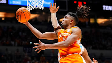 Tennessee guard Chaz Lanier (2) attempts a shot during a NCAA Tournament Elite Eight game between Tennessee and Houston at Lucas Oil Stadium in Indianapolis, Ind., on Sunday, March 30, 2025.