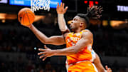 Tennessee guard Chaz Lanier (2) attempts a shot during a NCAA Tournament Elite Eight game between Tennessee and Houston at Lucas Oil Stadium in Indianapolis, Ind., on Sunday, March 30, 2025.