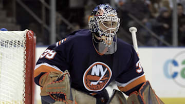 Nov 23, 2005; Uniondale, NY, USA; New York Islanders goalie Rick DiPietro (39) on the ice against the Buffalo Sabres at Nassau Veterans Memorial Coliseum. Credit: Lou Capozzola-USA TODAY NETWORK