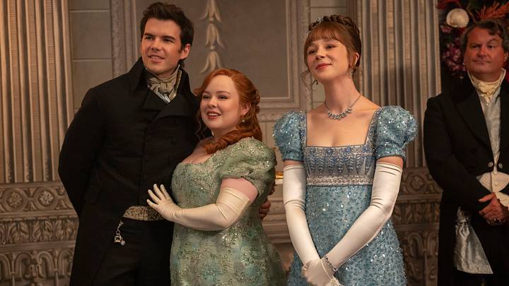 Bridgerton. (L to R) Luke Newton as Colin Bridgerton, Nicola Coughlan as Penelope Bridgerton, Claudia Jessie as Eloise Bridgerton in episode 408 of Bridgerton. 