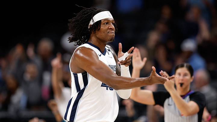 MEMPHIS, TENNESSEE - OCTOBER 07: GG Jackson #45 of the Memphis Grizzlies reacts during the first half against the Orlando Magic at FedExForum on October 07, 2026 in Memphis, Tennessee. (Photo by Justin Ford/Getty Images)