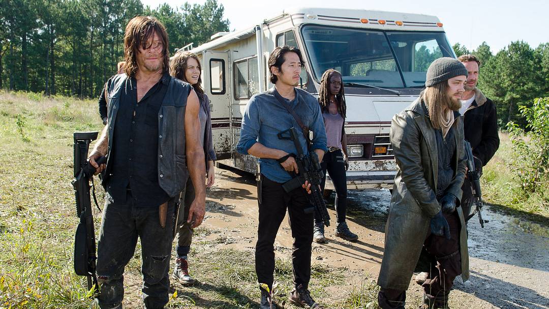 Norman Reedus as Daryl Dixon, Lauren Cohan as Maggie Greene, Steven Yeun as Glenn Rhee, Danai Gurira as Michonne, Andrew Lincoln as Rick Grimes, and Tom Payne as Jesus - The Walking Dead _ Season 6, Episode 11 - Photo Credit: Gene Page/AMC