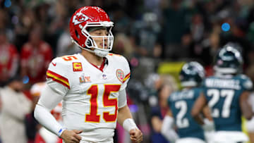 Feb 9, 2025; New Orleans, LA, USA; Kansas City Chiefs quarterback Patrick Mahomes (15) reacts after a play against the Philadelphia Eagles during the first half of Super Bowl LIX at Caesars Superdome. Mandatory Credit: Geoff Burke-Imagn Images